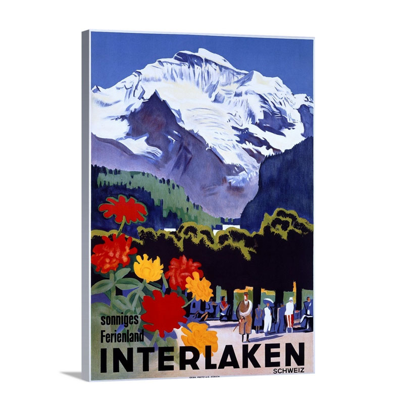 Swiss Alps Interlaken Vintage Poster Wall Art - Canvas - Gallery Wrap