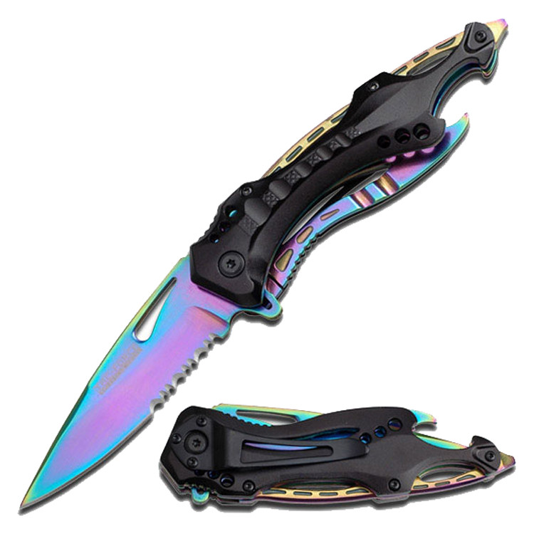 MTech 7.75 in. Stainless Steel Spring Assisted Knife Rainbow Coated Aluminum Handle