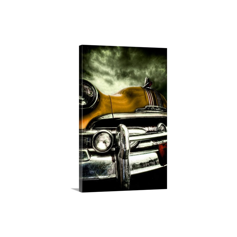 The Chrome Bumper And Yellow Bonnet Of A Classic American Car Wall Art - Canvas - Gallery Wrap