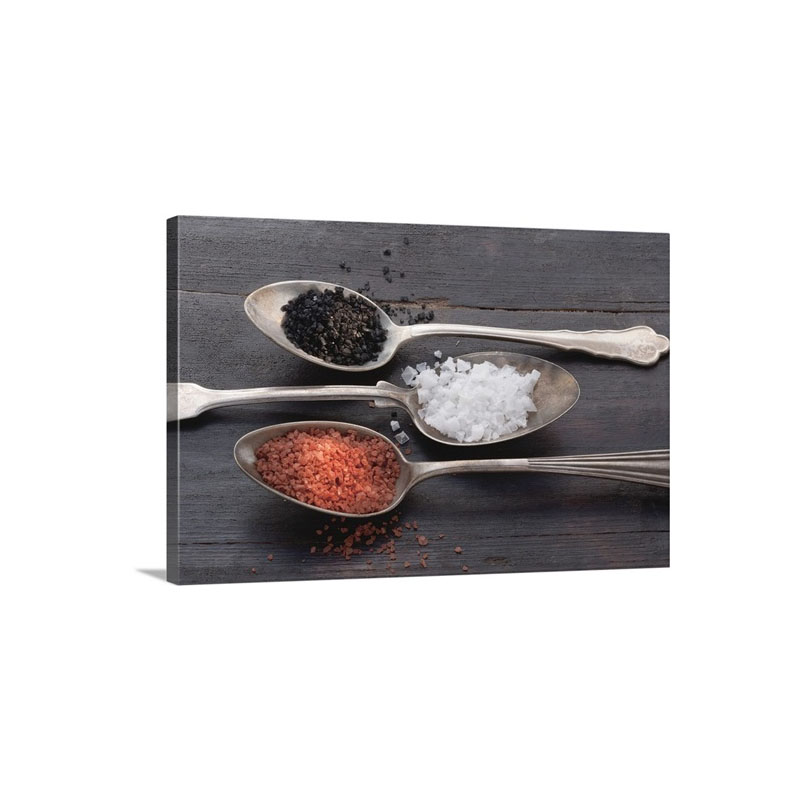 Three Types Of Salt On Silver Spoons Wall Art - Canvas - Gallery Wrap