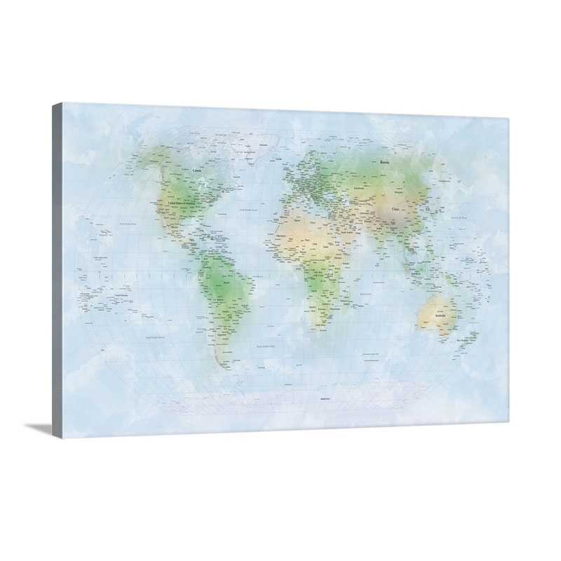 Traditional World Map With City Names Wall Art - Canvas - Gallery Wrap