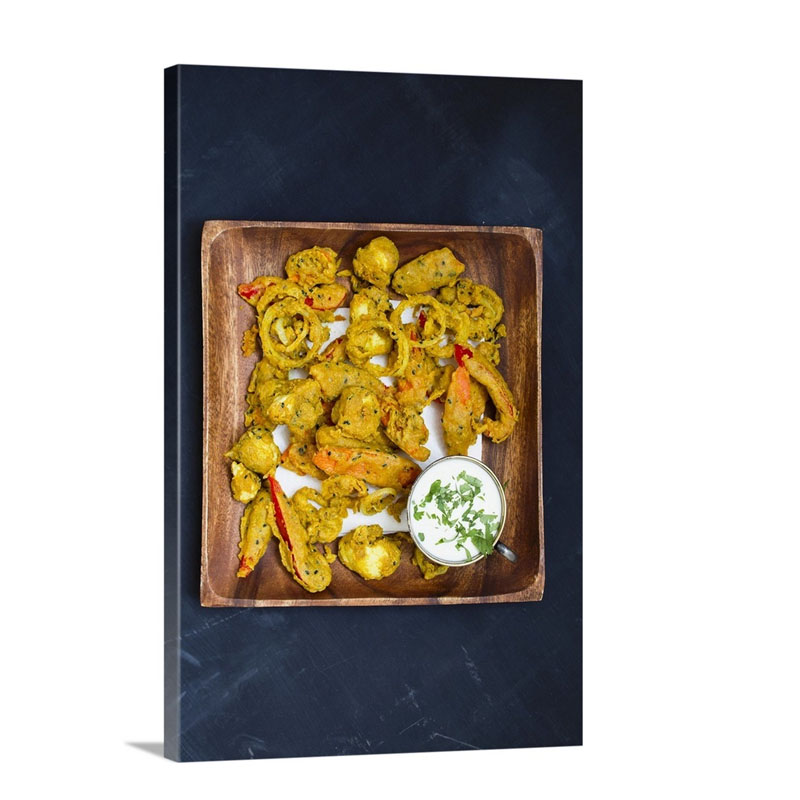 Vegetable Pakora With Raita In A Wooden Bowl Wall Art - Canvas - Gallery Wrap