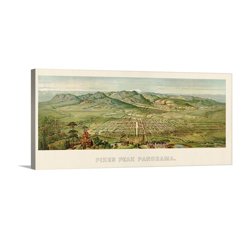 Vintage Birds Eye View Map Of Colorado Springs And Pikes Peak Colorado Wall Art - Canvas - Gallery Wrap