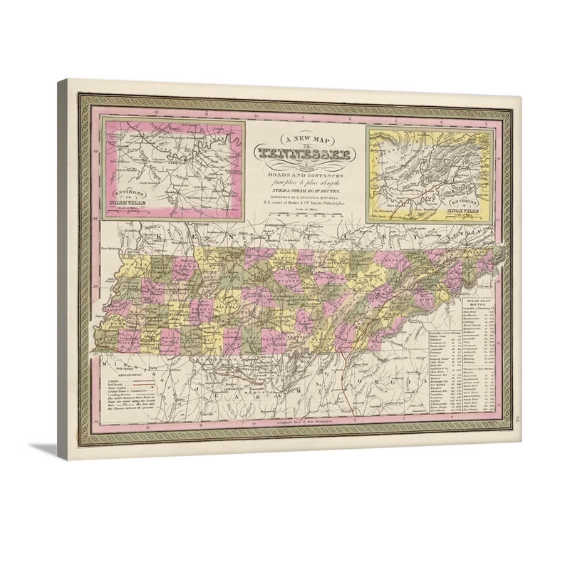 Vintage Map Of Tennessee With Its Roads And Distances From Place To Place Wall Art - Canvas - Gallery Wrap