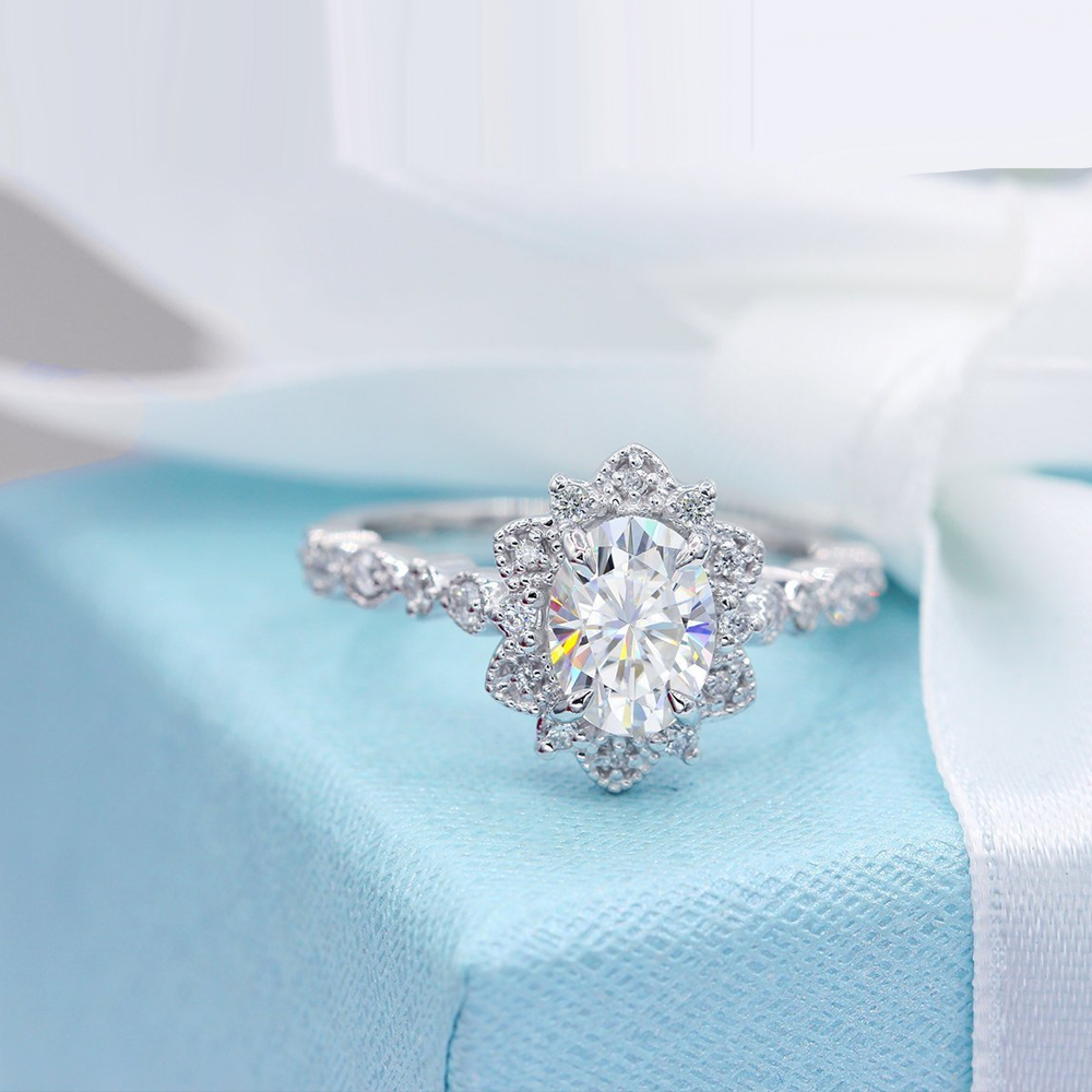 Vintage Oval Moissanite In Floral Diamond Engagement Ring