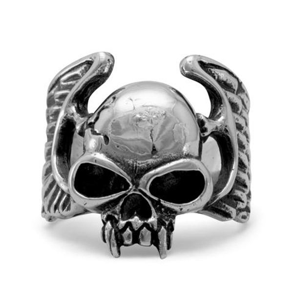White Brass Winged Skull Ring