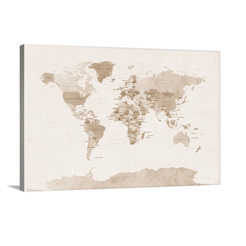 Watercolour Political Map Of The World Wall Art - Canvas - Gallery Wrap
