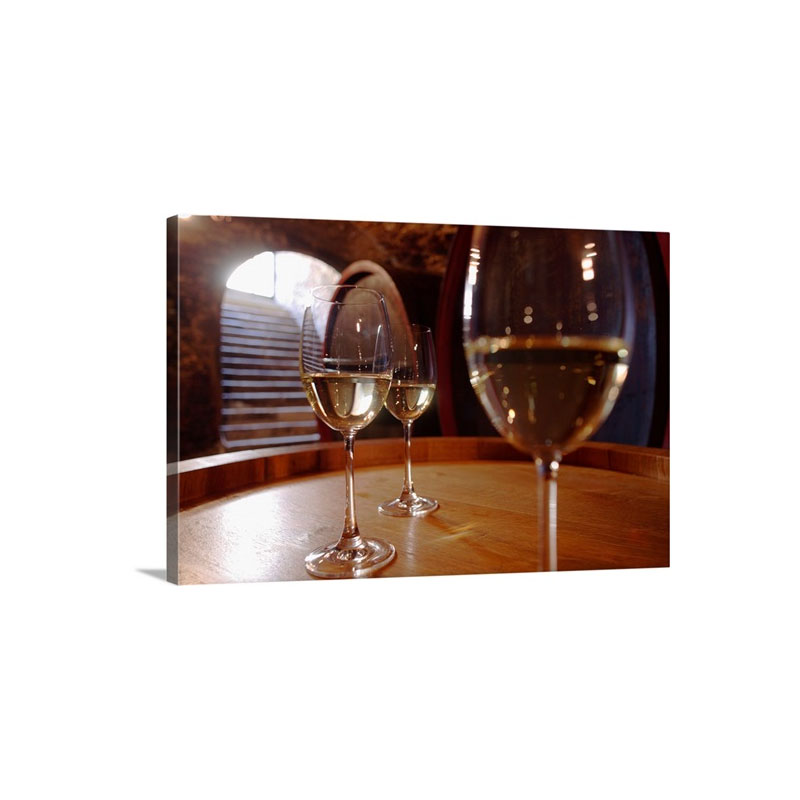 Wite Wine In Glasses On Wine Cask Wall Art - Canvas - Gallery Wrap