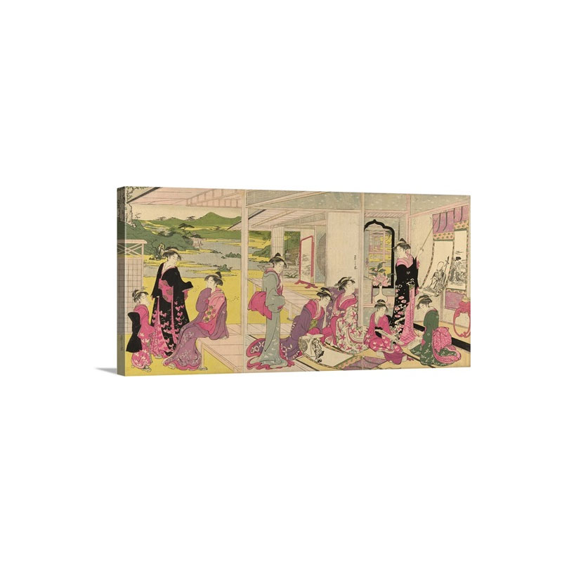 Women Viewing Scroll Paintings Of The Gods Of Good Fortune Wall Art - Canvasc - Gallery Wrap