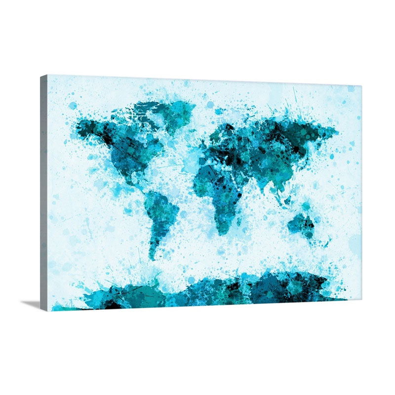 World Map Paint Splashes Blue Wall Art - Canvas - Gallery Wrap