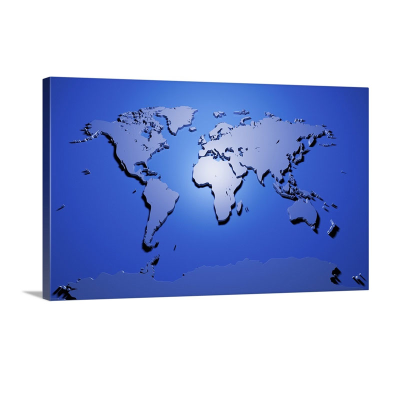 World Map In Blue Wall Art - Canvas - Gallery Wrap
