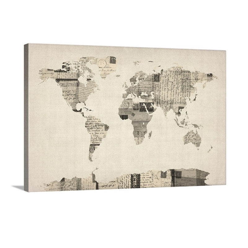 World Map Made Up Of Vintage Postcards Wall Art - Canvas - Gallery Wrap