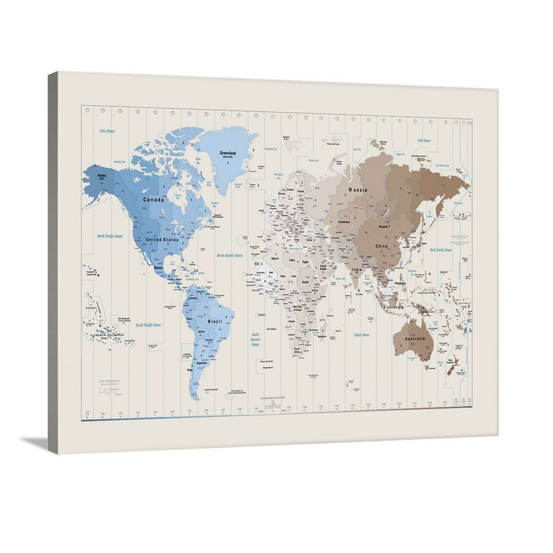 World Map Showing Timezones Wall Art - Canvas - Gallery Wrap