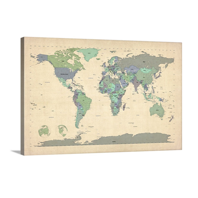 World Map Showing Latitude And Longitude Blue Wall Art - Canvas - Gallery Wrap