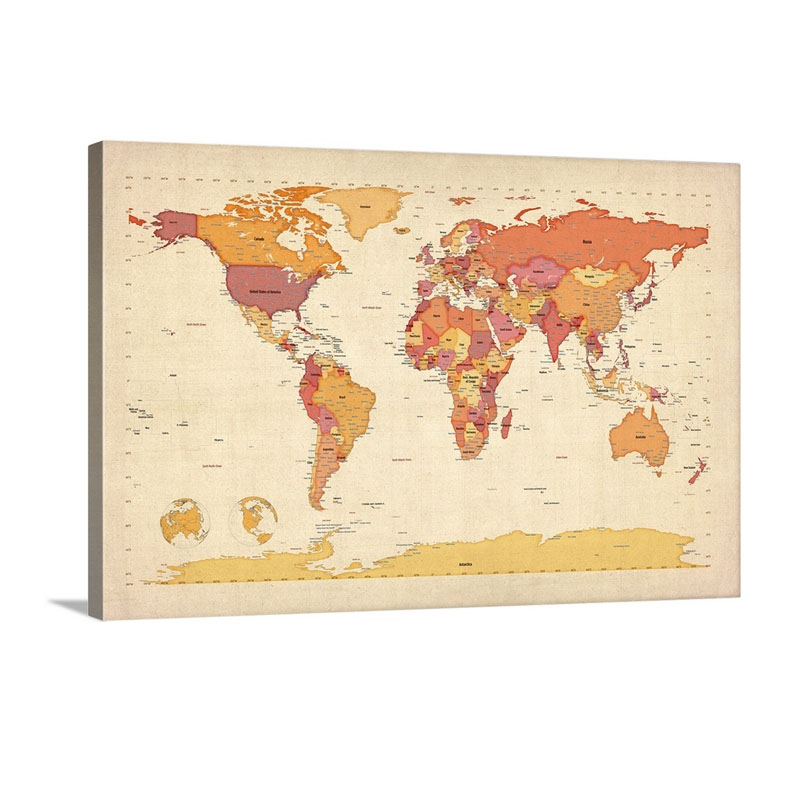 World Map Showing Latitude And Longitude Orange Wall Art - Canvas - Gallery Wrap