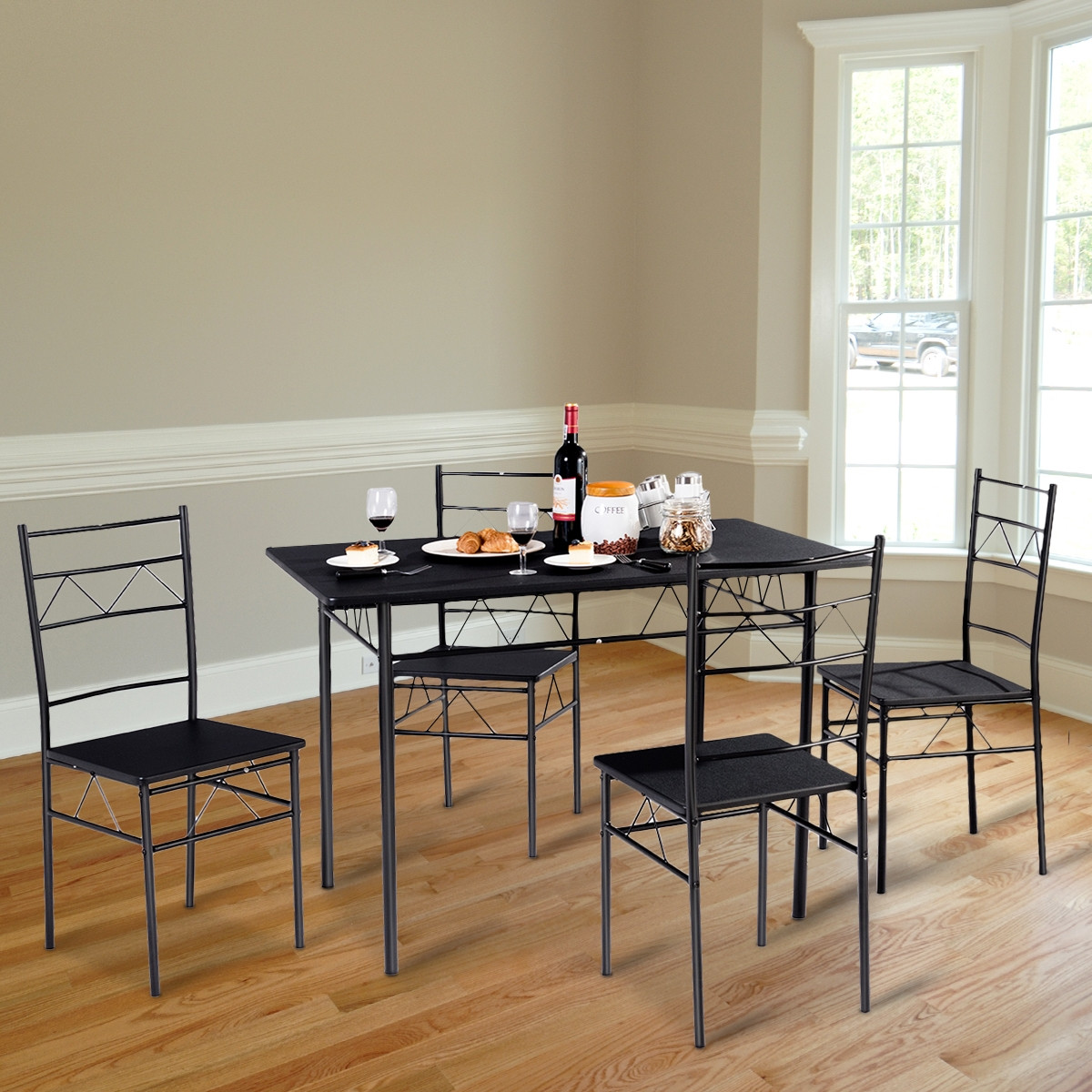 5 Pcs Wood Metal Dining Table And 4 Chairs Set
