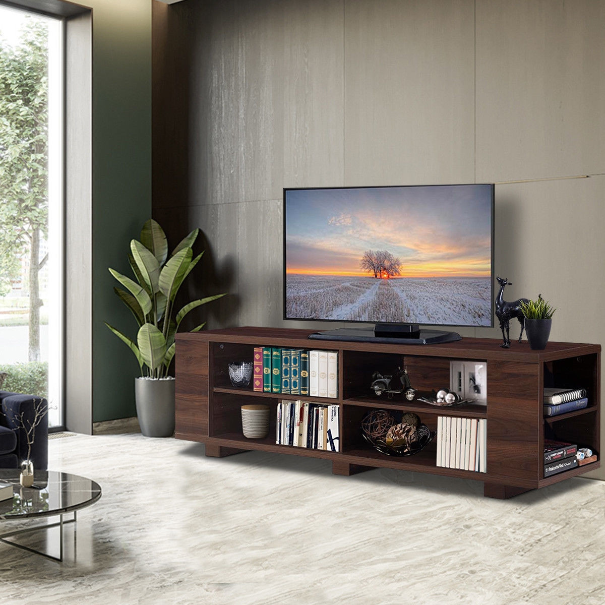 59 In. Console Storage Entertainment Media Wood TV Stand