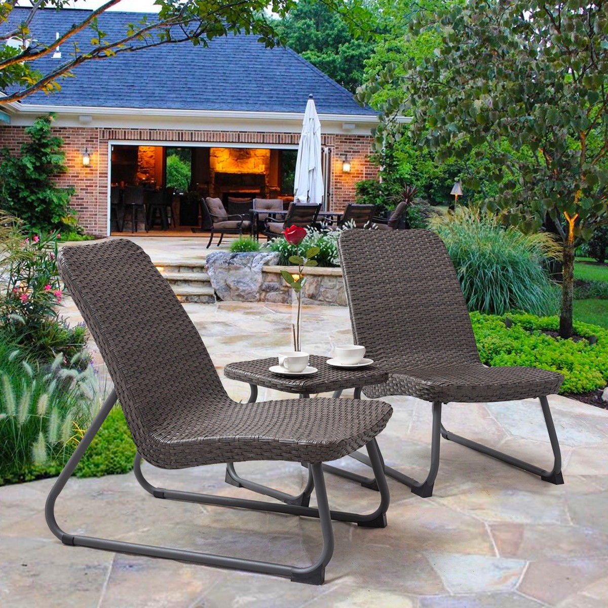 3 Pcs Outdoor All Weather Rattan Conversation Chair And Table Set