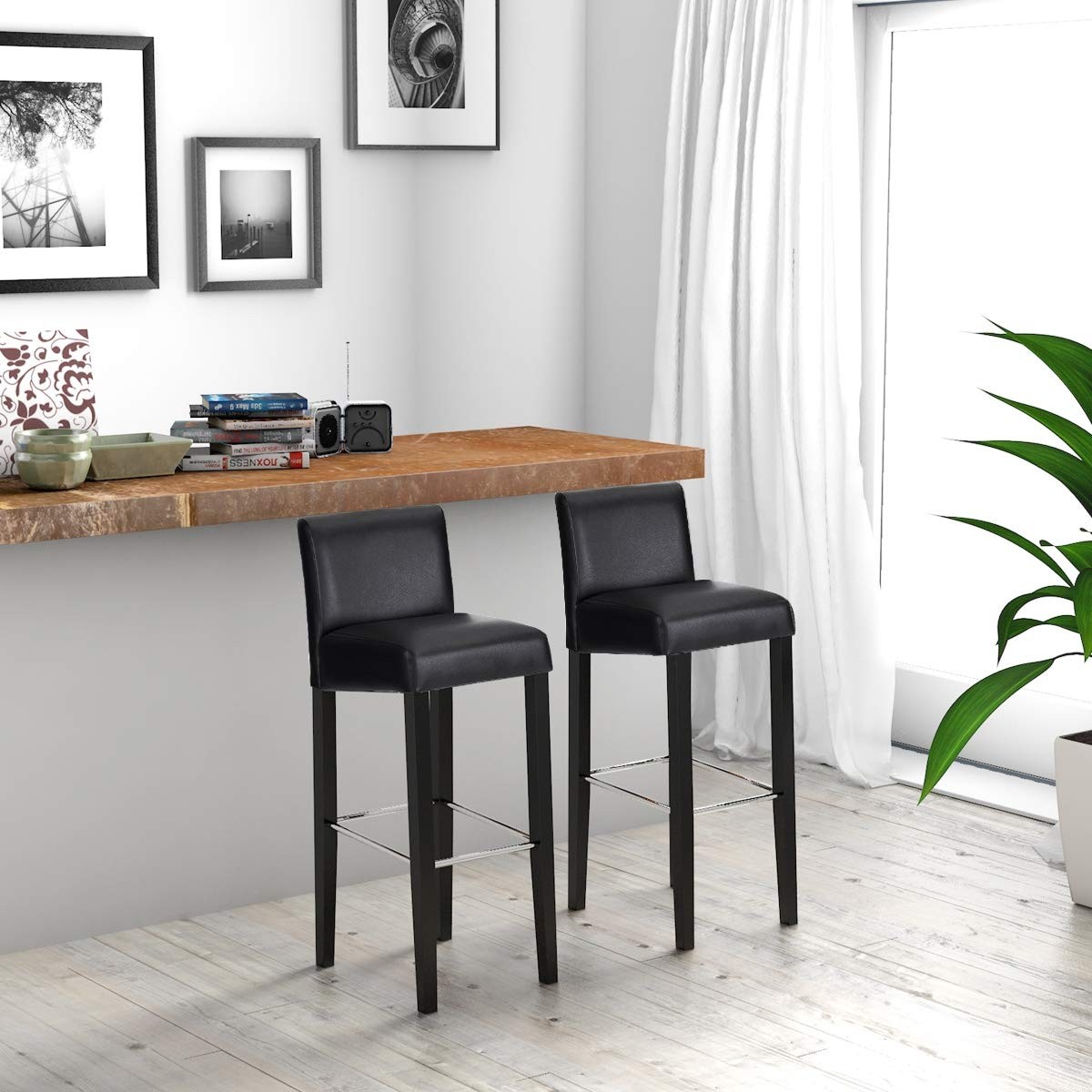 Set Of 2 Padded Seat Bar Stool Chair With Solid Wood Legs