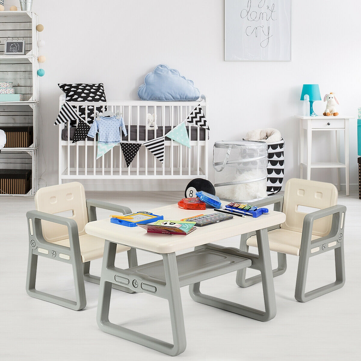 Kids Table And 2 Chairs Set With Storage Shelf