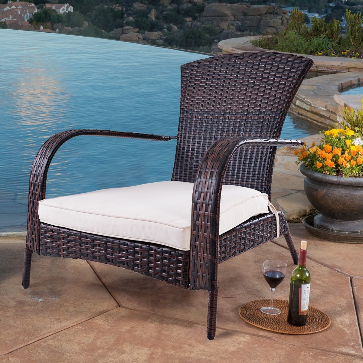 Outdoor Wicker Rattan Porch Deck Adirondack Chair W / Cushion