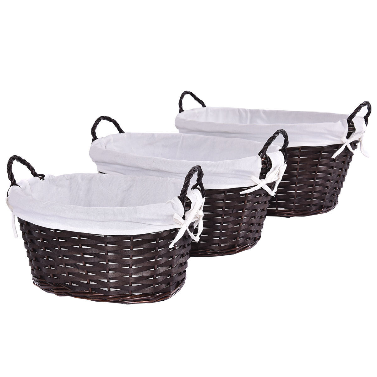 Set Of 3 Oval Hand-Woven Willow Wicker Storage Basket