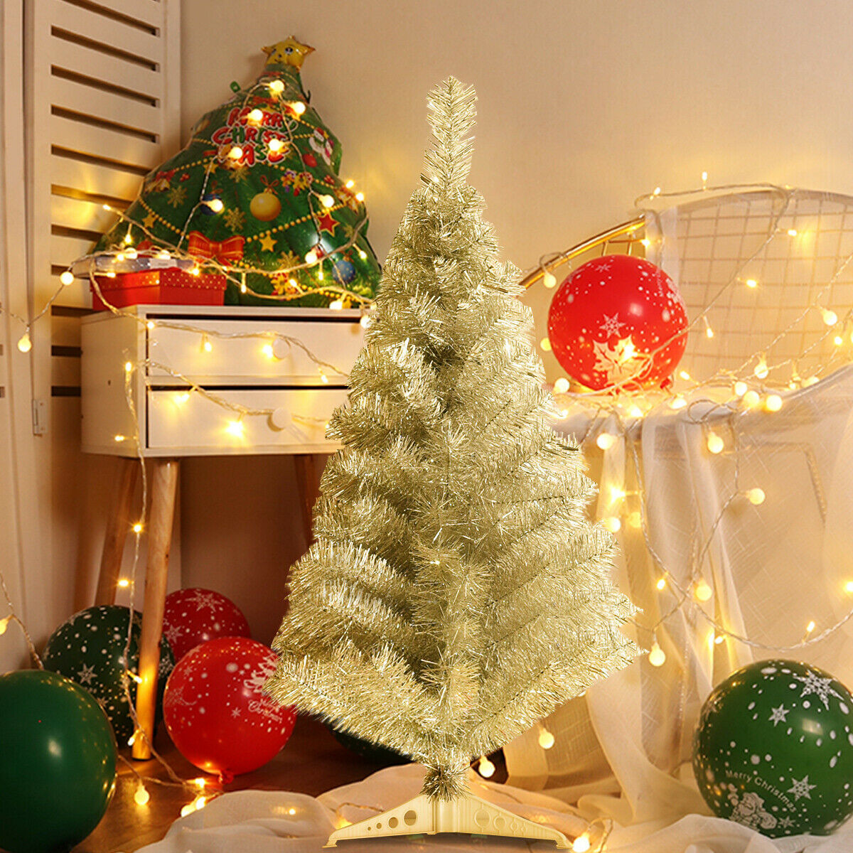 3 Ft Silver Tinsel Christmas Tree With Plastic Stand