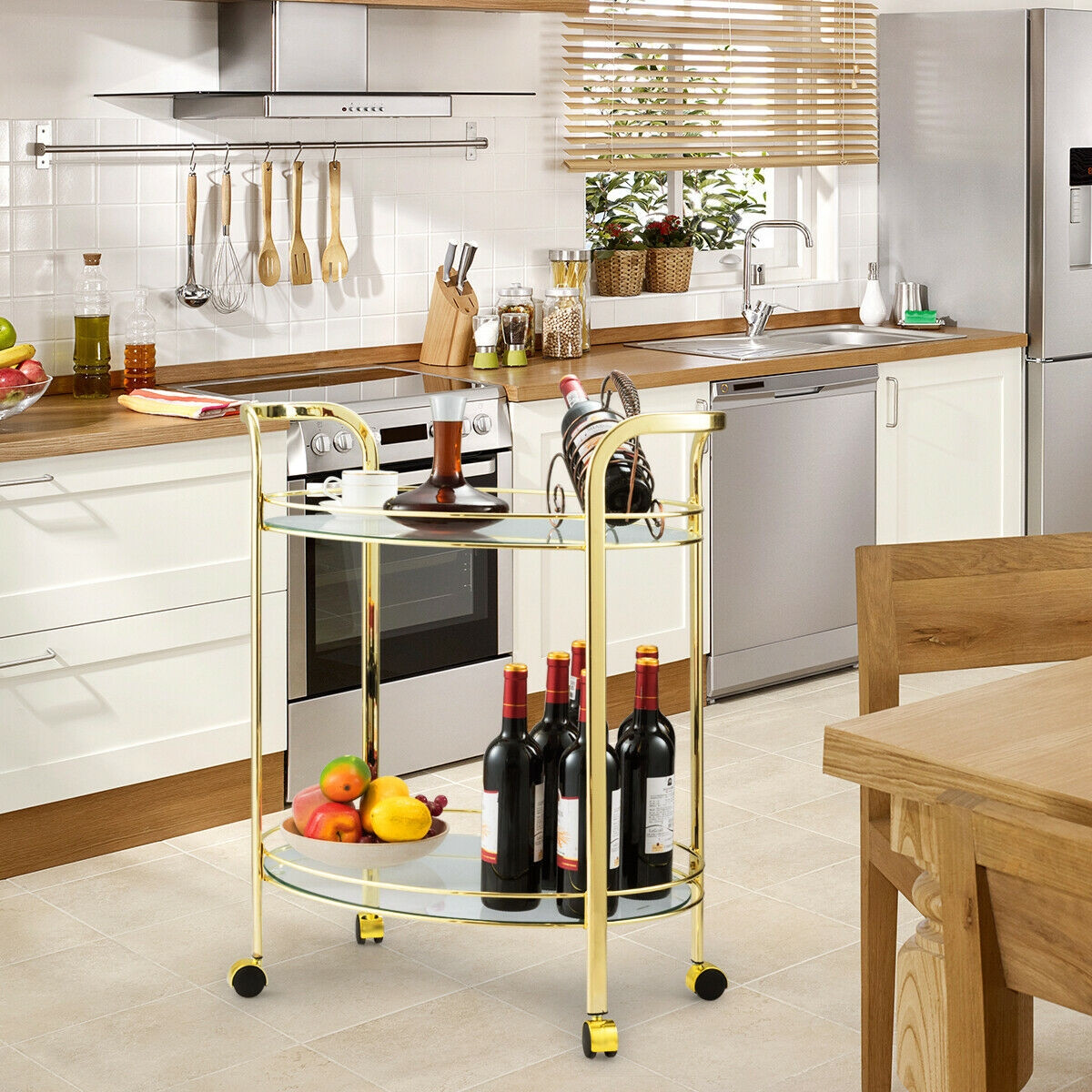 2 Tier Kitchen Bar Serving Cart with Glass Shelves