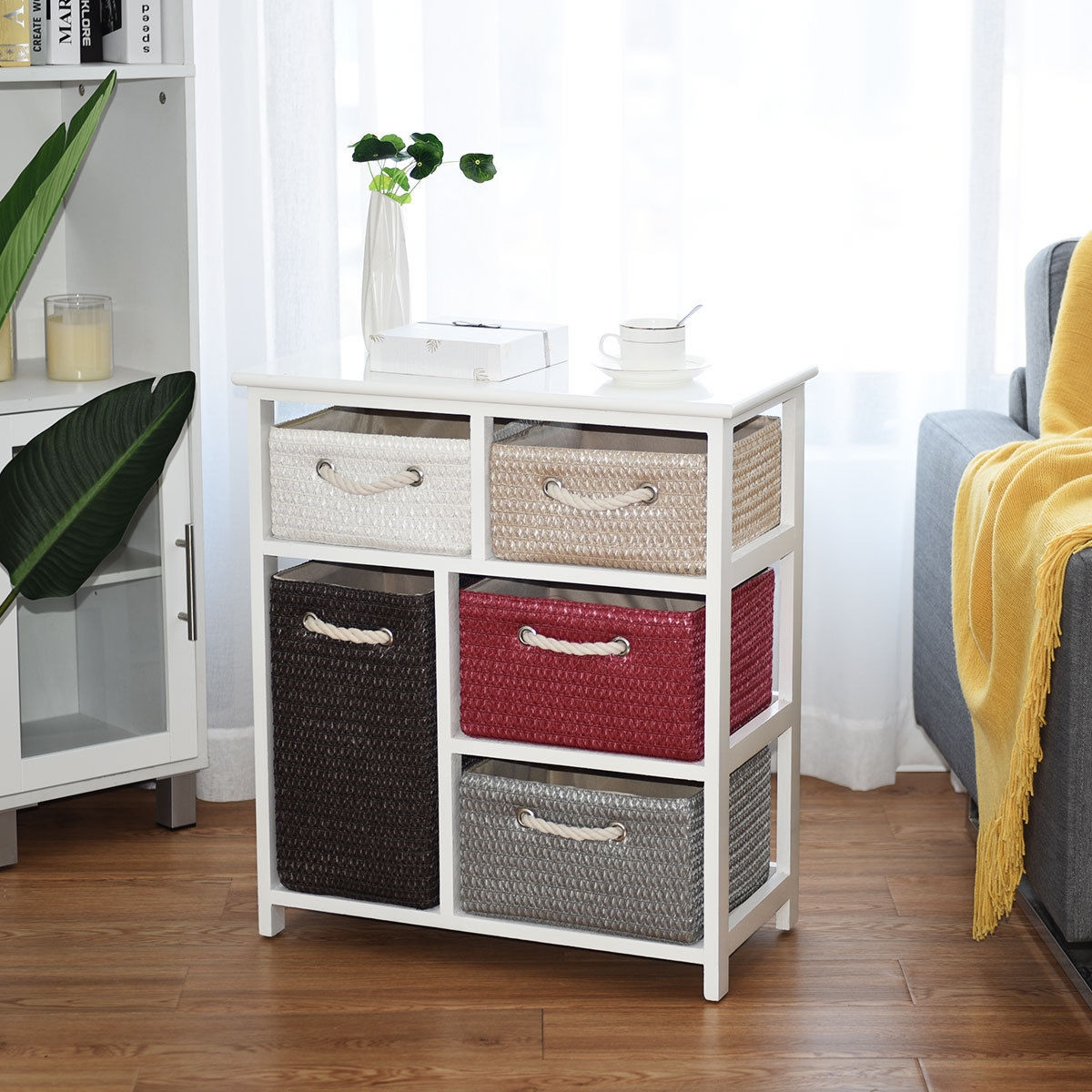 Nightstands Storage Drawer Cabinet Chest With 5 Woven Baskets