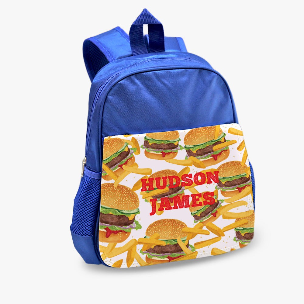 Burgers & Fries Personalized Kids Blue Backpack