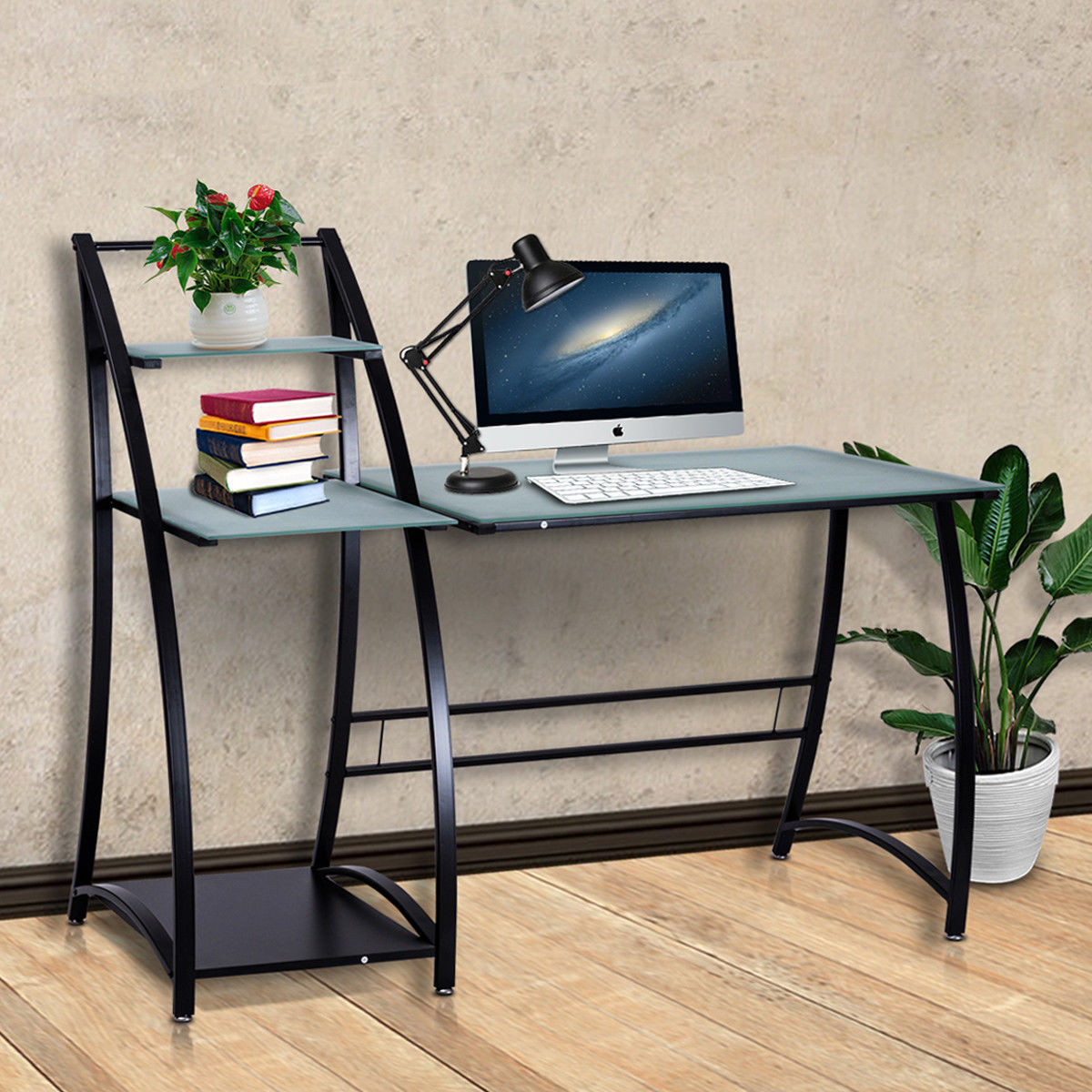 Glass Top Writing Study Computer Desk With Shelves