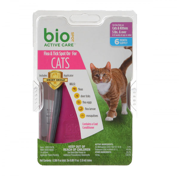 Bio Spot Active Care Flea and Tick Spot On for Cats - Cats 5+ lbs - 6 Month Supply