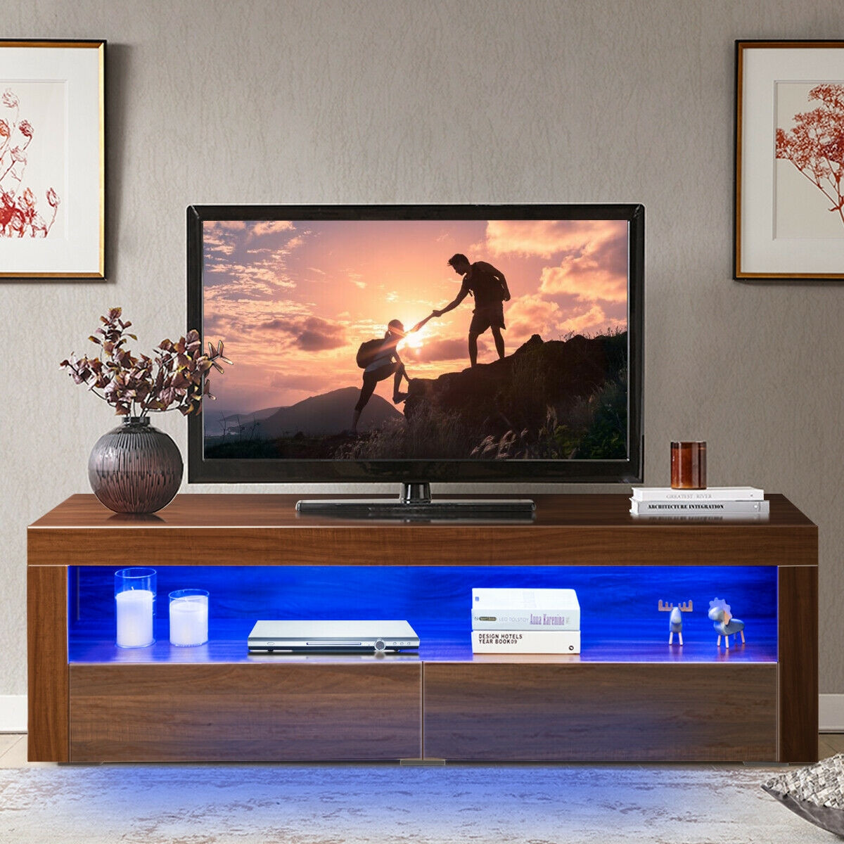 65 In. TV Stand Cabinet With LED Shelves Modern
