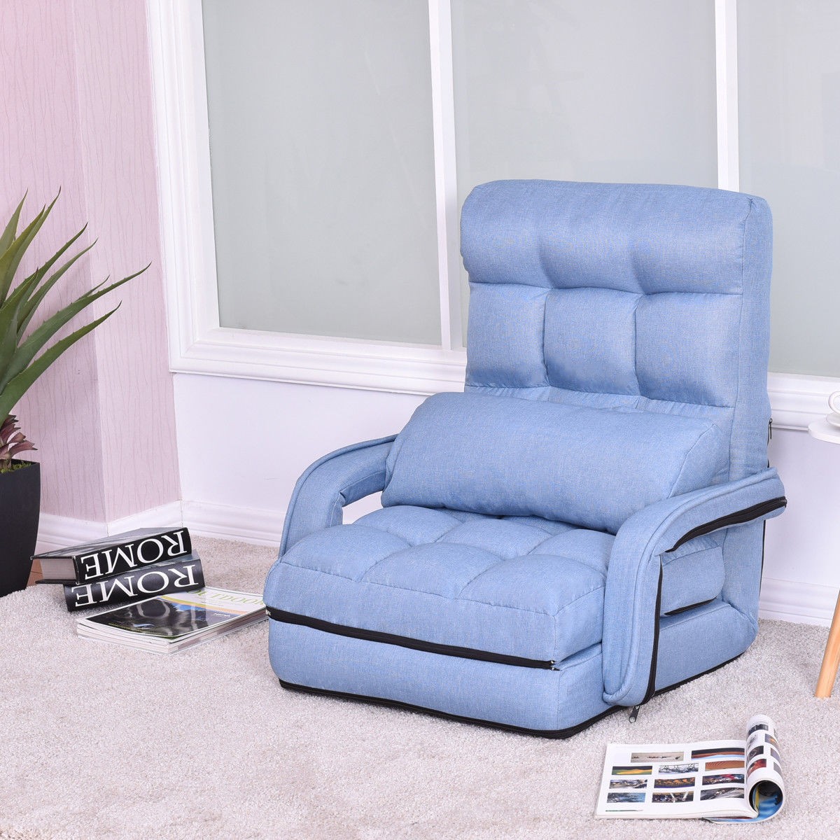 Folding Lazy Floor Chair Sofa With Armrests And Pillow