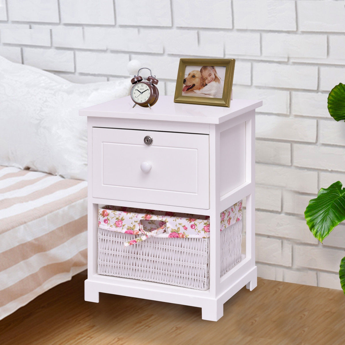 2 Tiers Wood Nightstand w/ 1 Drawer and 1 Basket
