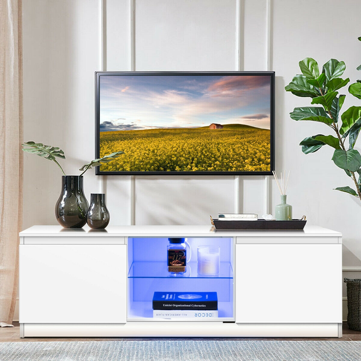50 In. TV Stand Cabinet With LED Shelves Modern