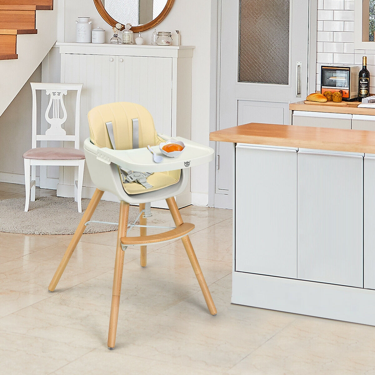 Wooden Baby 3 In 1 Convertible High Chair W / Cushion