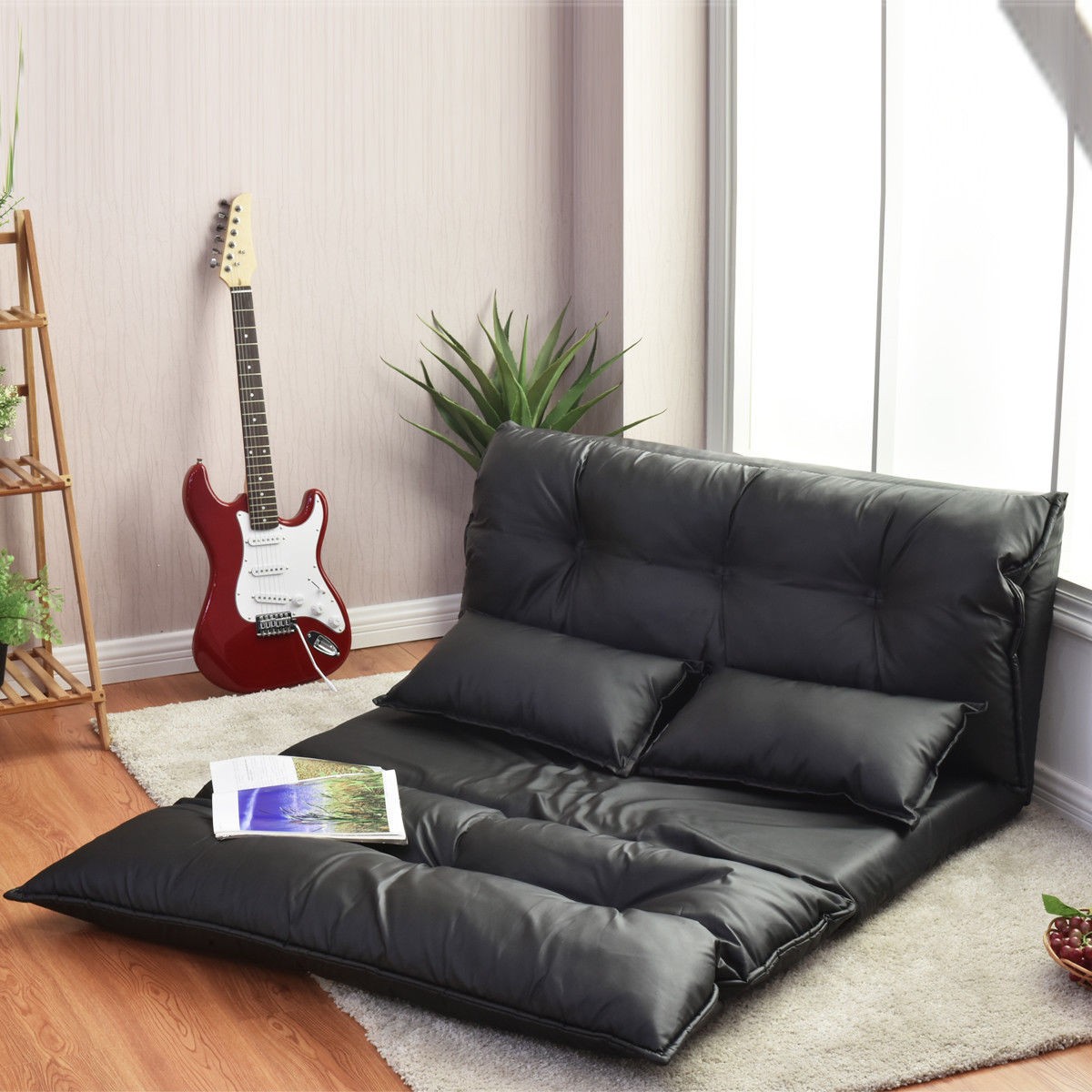 Foldable PU Leather Leisure Floor Sofa Bed W / 2 Pillows