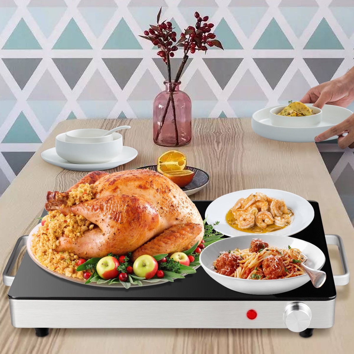 Stainless Steel Electric Warming Tray With Glass Top