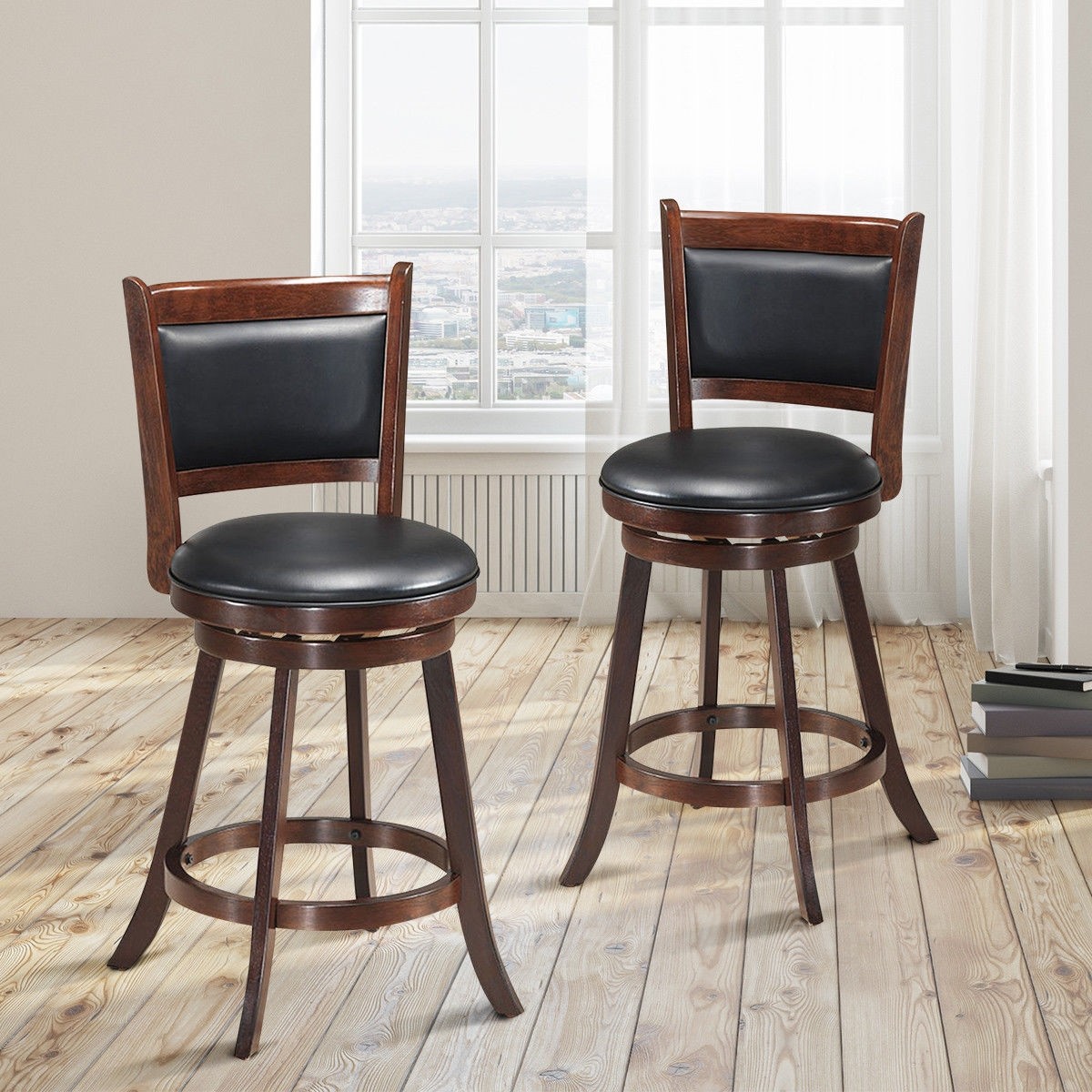 Set Of 2 Swivel Counter Upholstered Seat Wooden Dining Chairs