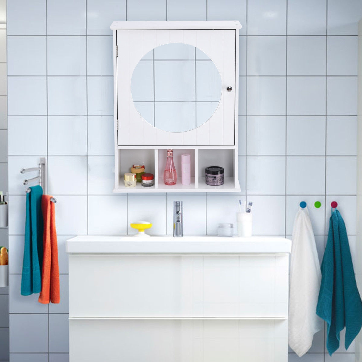 Bathroom Wall Mount Storage Wood Shelf Mirror Door Cabinet