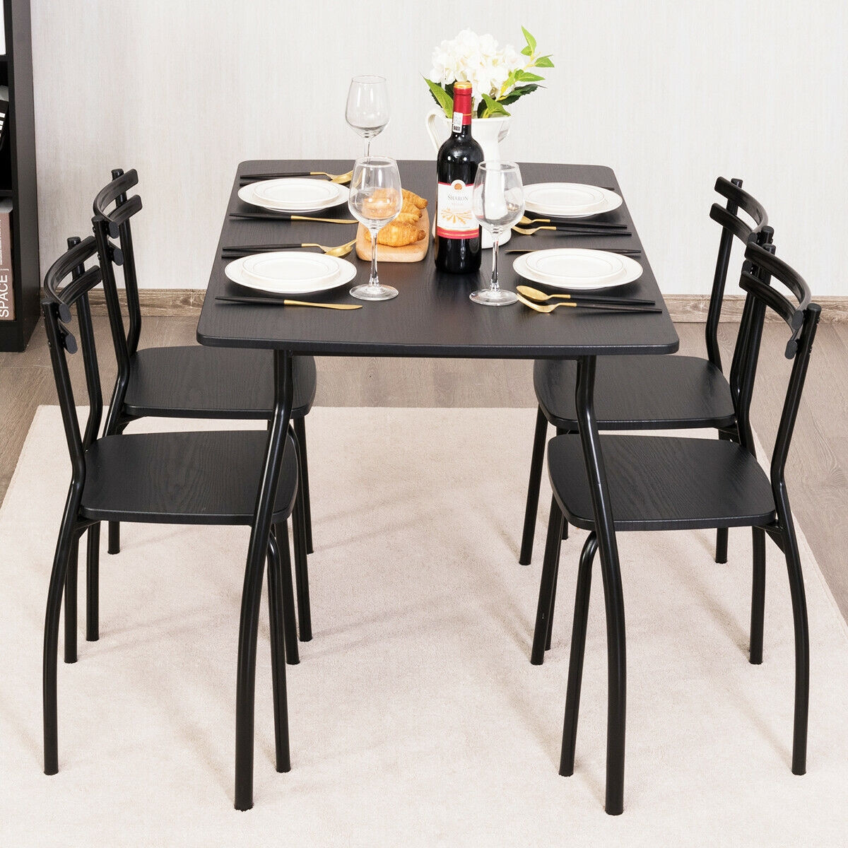 Black 5 Pcs Dining Set Table And 4 Chairs