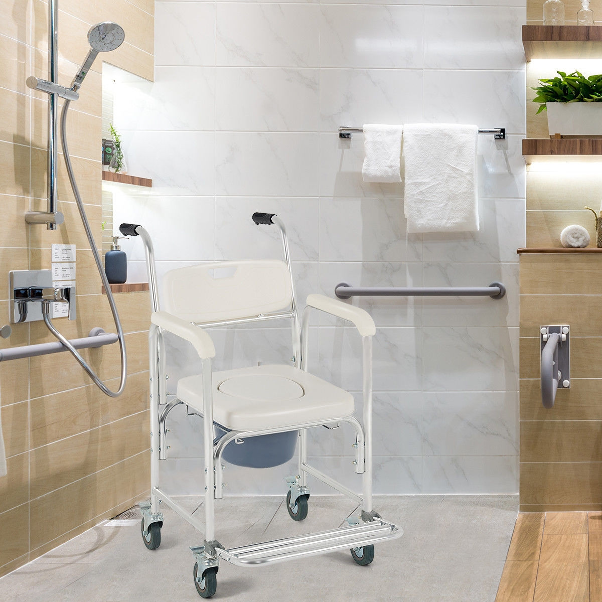 Medical Commode Toilet Seat Shower Wheelchair With Locking Casters