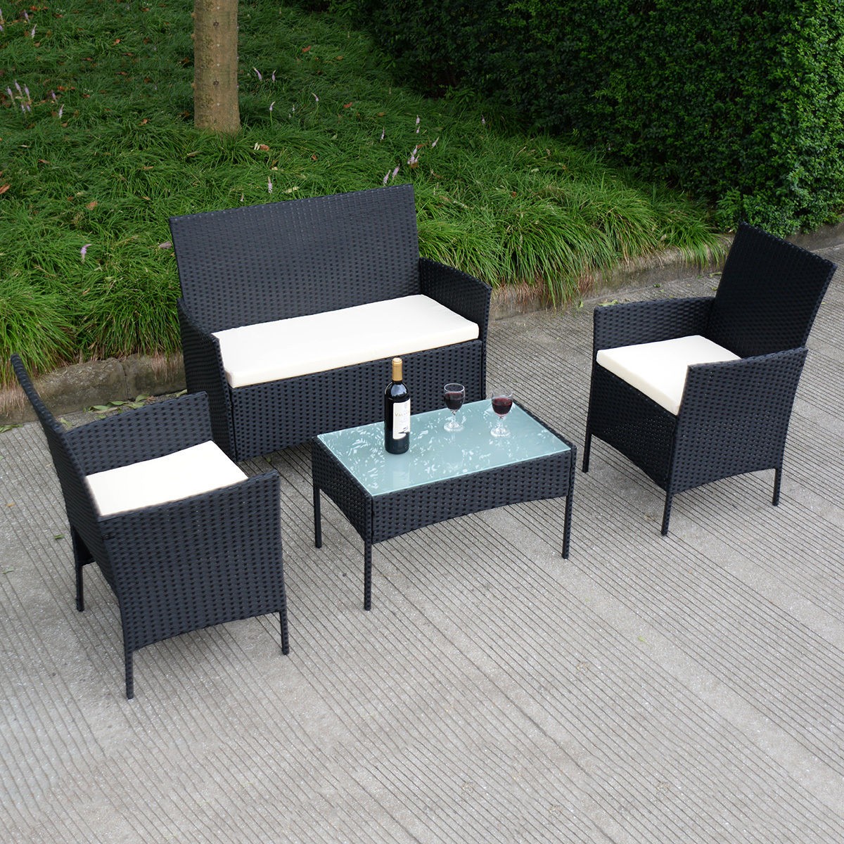 4 Pcs Outdoor Rattan Wicker Cushioned Seat with A Loveset