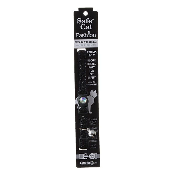 Safe Cat Jeweled Adjustable Breakaway Cat Collar - Black Glitter - For Necks 8 in. - 12 in. - 3/8 in. Wide - 2 Pieces