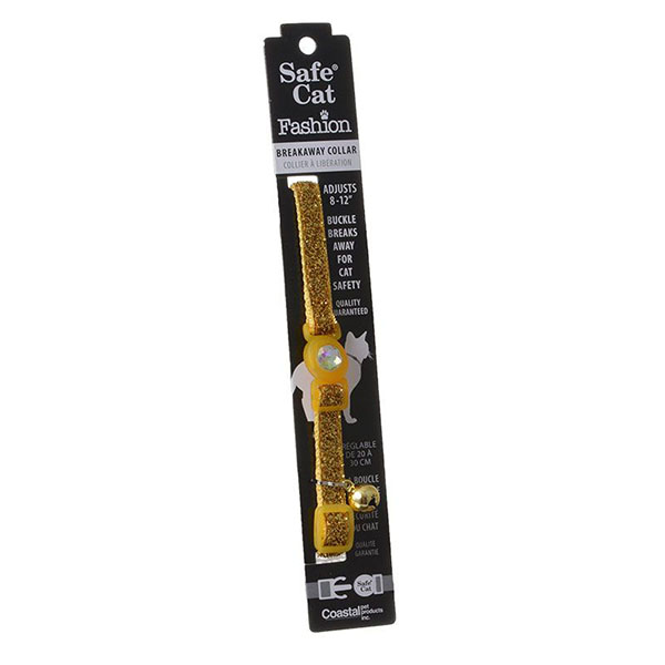 Safe Cat Jeweled Adjustable Breakaway Cat Collar - Gold Glitter - For Necks 8 in. - 12 in. - 3/8 in. Wide - 4 Pieces