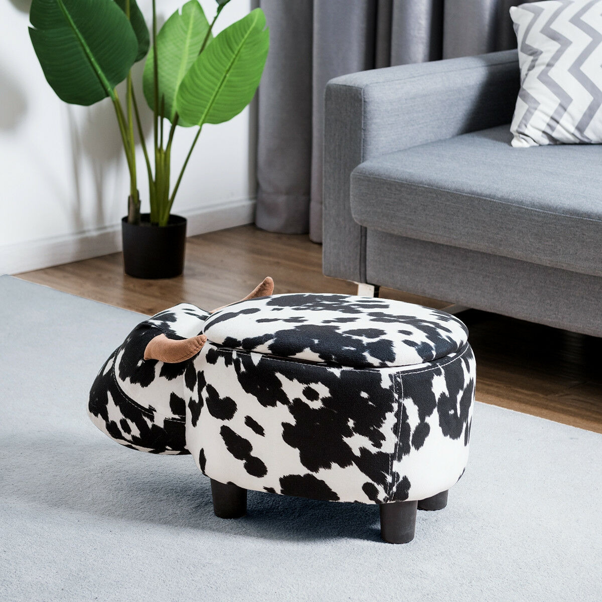 Cow Shape Upholstered Ride-On Storage Ottoman Footrest