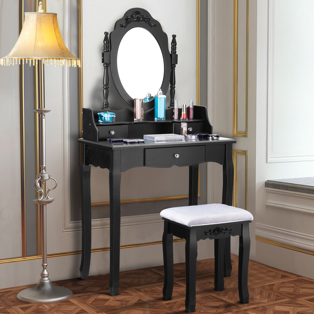 3 Drawer Mirror Makeup Dressing Table Stool Set