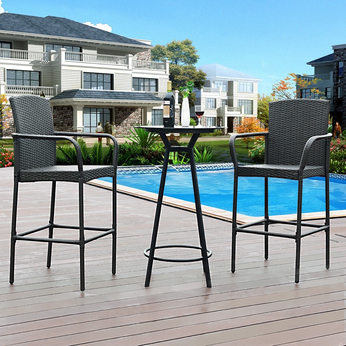 2 Pcs Rattan Bar Stool Dining Patio Chair