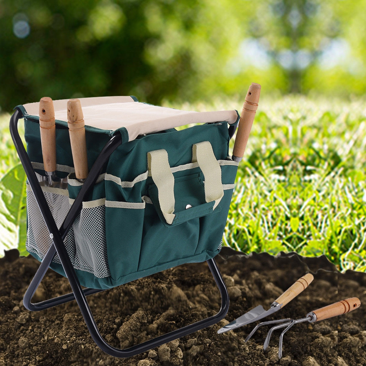 7 Pcs Garden Tool Bag Set With A Folding Stool